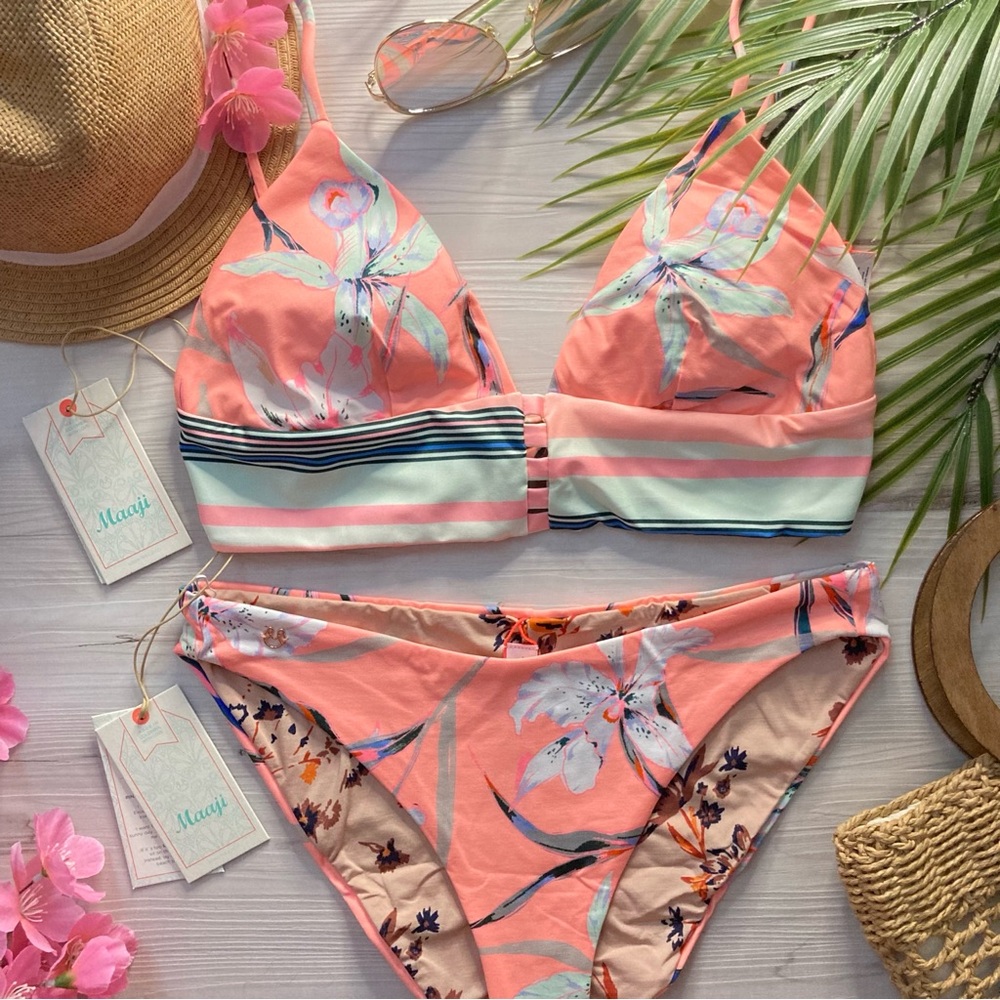 Maaji Floral Reversible Bikini Set in Coral and Mint